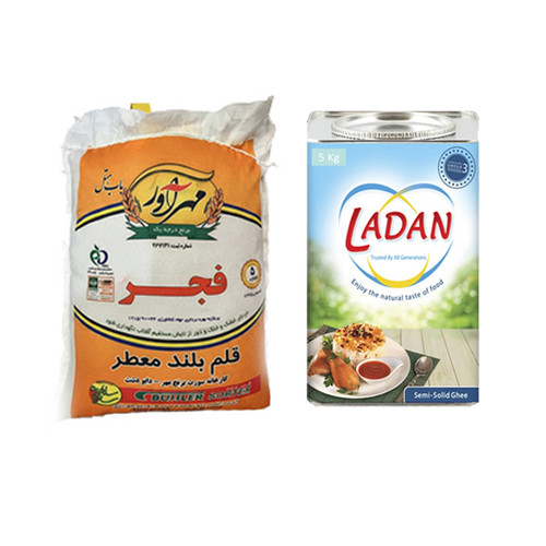 بسته برنج ایرانی فجر ۵ کیلویی به همراه روغن ۵ کیلویی لادن حلب مناسب مصرف خانوار