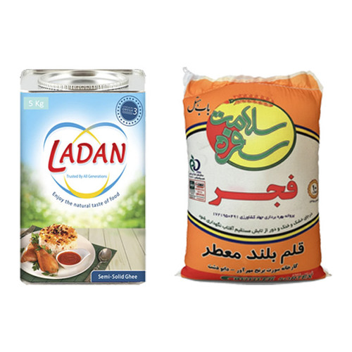 بسته برنج ایرانی فجر 10 کیلویی به همراه روغن ۵ کیلویی لادن حلب مناسب مصرف خانوار