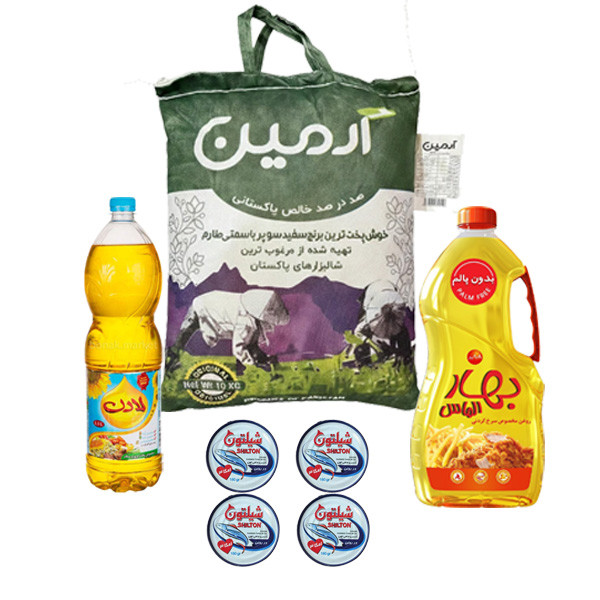بسته اقتصادی شامل برنج سوپر باسماتی پاکستانی ۱۰ کیلویی، روغن سرخ کردنی بهار ۱.۸ لیتری، روغن پخت و پز لادن ۱.۵ لیتری و ۴ عدد تن ماهی شیلتون