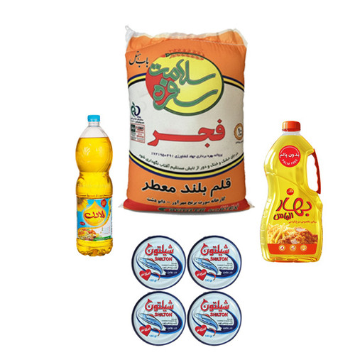 بسته اقتصادی شامل برنج ایرانی فجر درجه یک ۱۰ کیلویی، روغن سرخ کردنی و پخت و پز به همراه ۴ عدد تن ماهی