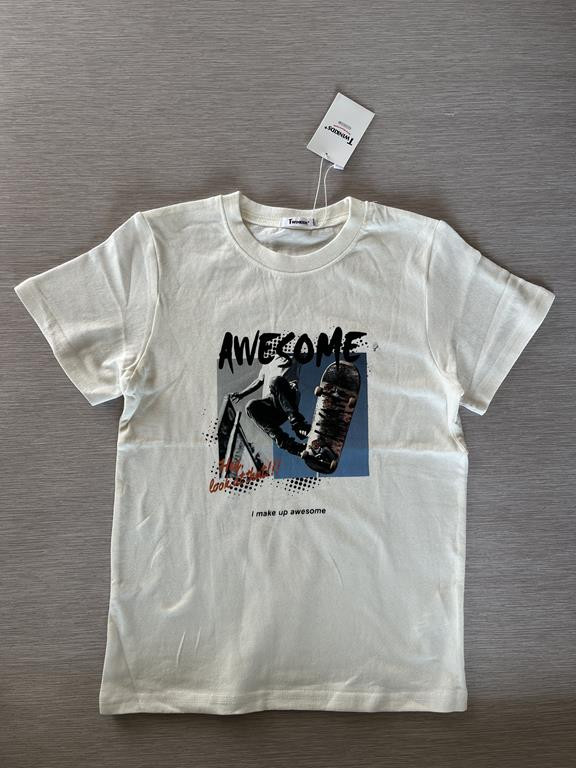 تیشرت یقه گرد پسرانه به رنگ کرم روشن (نباتی) با چاپ گرافیکی مستطیلی شامل تصویر اسکیتبرد، نوشته AWESOME و جزئیات آبی و قرمز