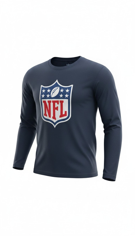 تیشرت آستین بلند مردانه سرمهای برند NFL با چاپ بزرگ لوگوی شیلد در نمای فلت لی (Flat Lay)