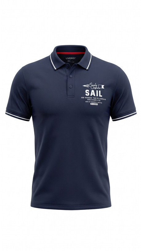 پولوشرت سرمهای مردانه لیورجی با یقه و لبه آستین خطدار سفید و چاپ ملوانی Sail روی سینه